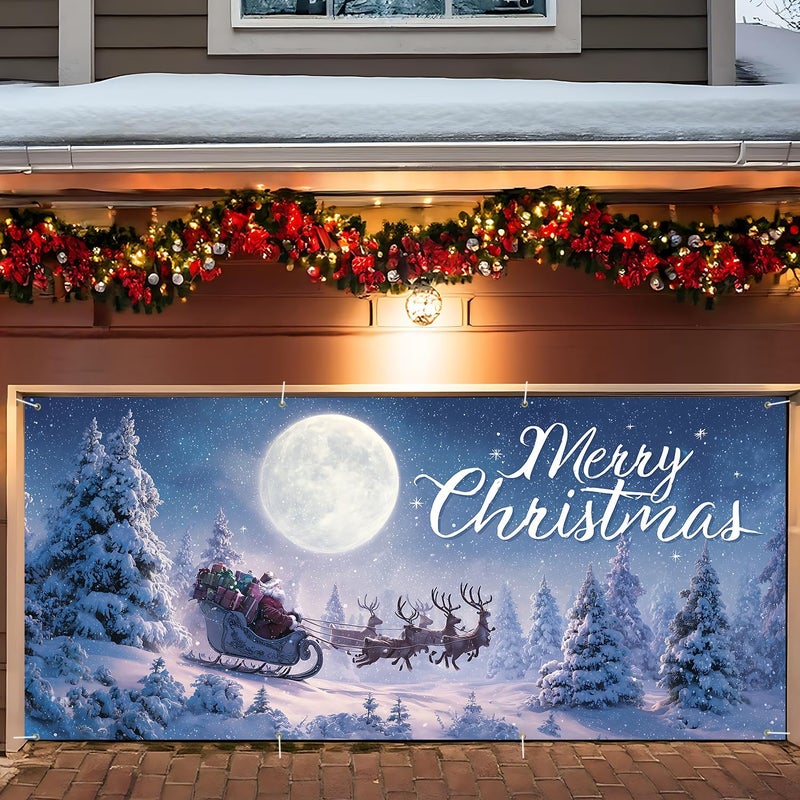 ANNA QUEEN Merry Christmas Santa Sleigh Garage Door Decorations 6x13FT, Flying Reindeer Winter Forest Backdrop, Outdoor Holiday Banner, Garage door Mural for Xmas Party Home Decor - Image 1